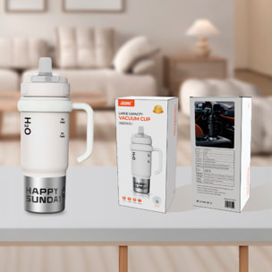 Termo MD-058 de 800 ml con sellado antifugas, filtro colador integrado y pajita incluida. Tapa con doble apertura, asa de transporte e interior de acero inoxidable.