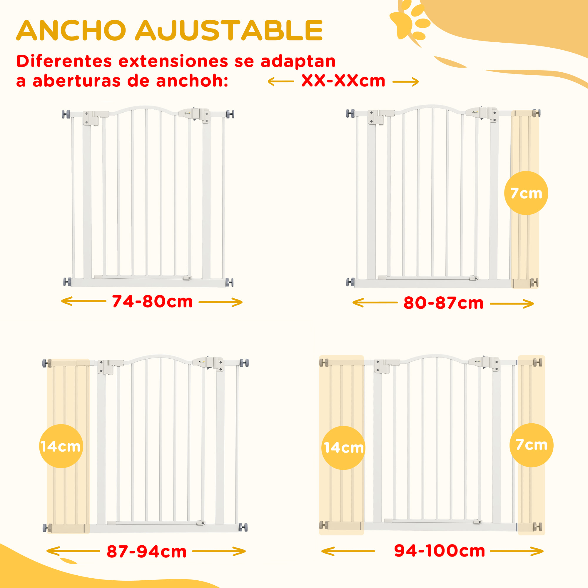 Barrera para Perros Puerta para Perros con Ancho Ajustable 74-100 cm Barrera de Seguridad para Perros con 2 Extensiones para Escaleras y Puertas Blanco