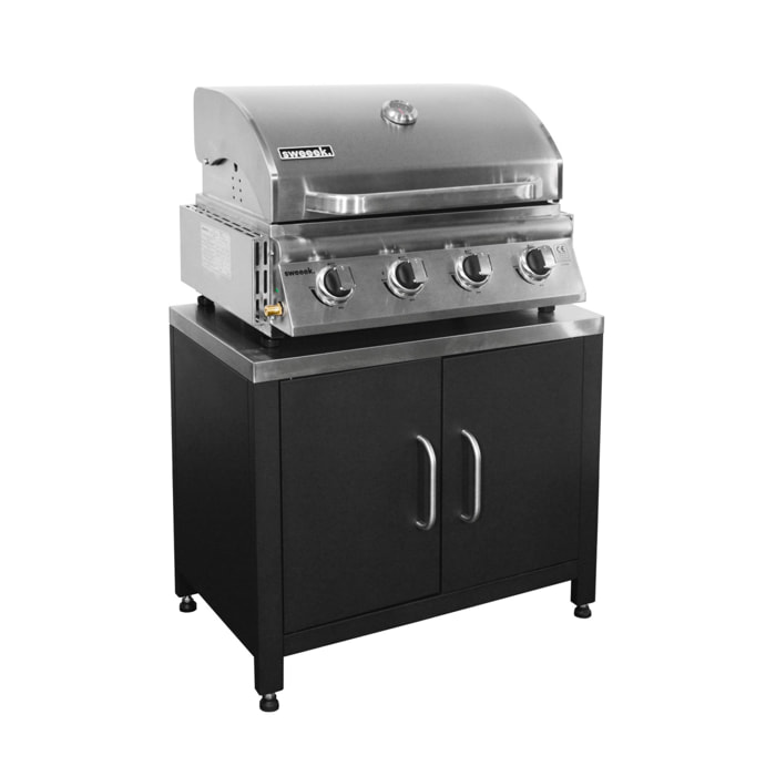 Barbecue à gaz avec 4 brûleurs à poser avec récupérateur de graisse + Meuble de cuisine extérieure en acier L80cm