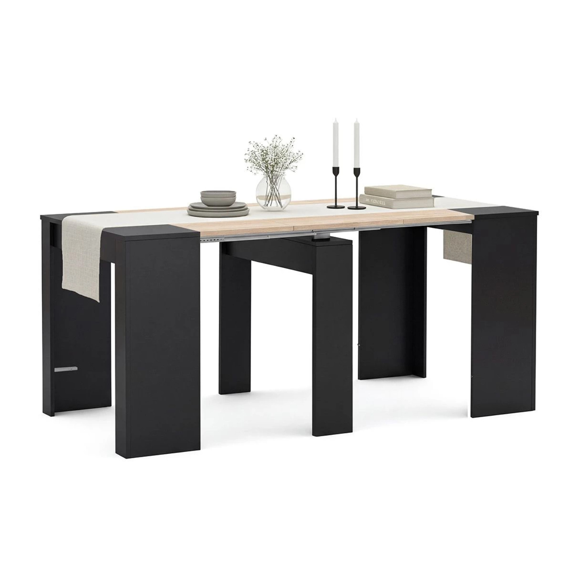 Mesa consola extensible en negro mate y roble canadian 50-235x90 cm Denis Negro Mate - Roble Canadian