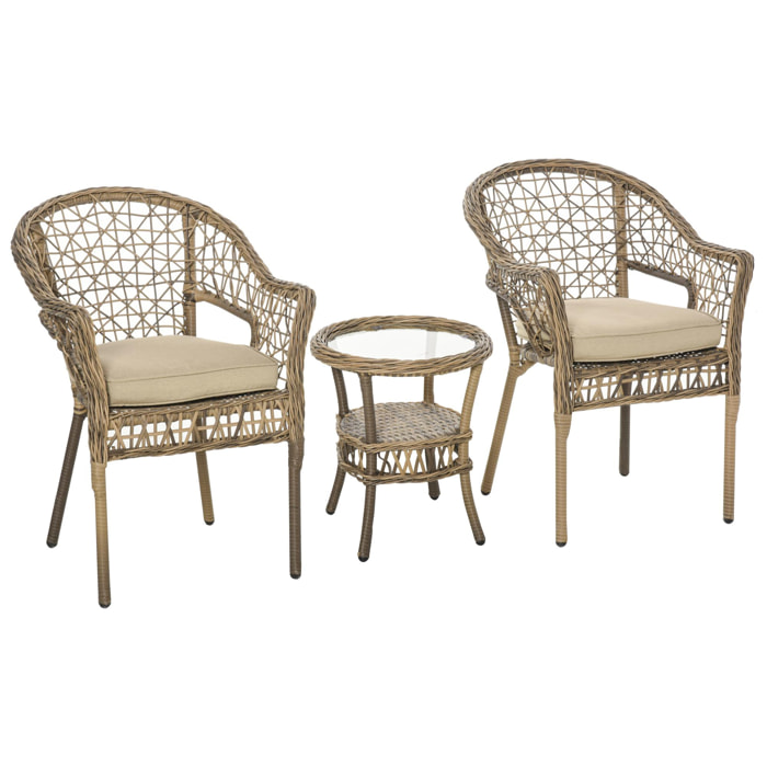 Outsunny Ensemble bistro de jardin style bohème chic 2 fauteuils avec coussins + table basse résine tressée beige