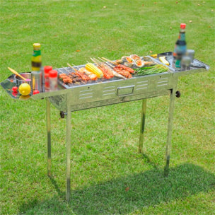 Barbacoa de carbón de acero inoxidable con dos soportes y altura regulable.