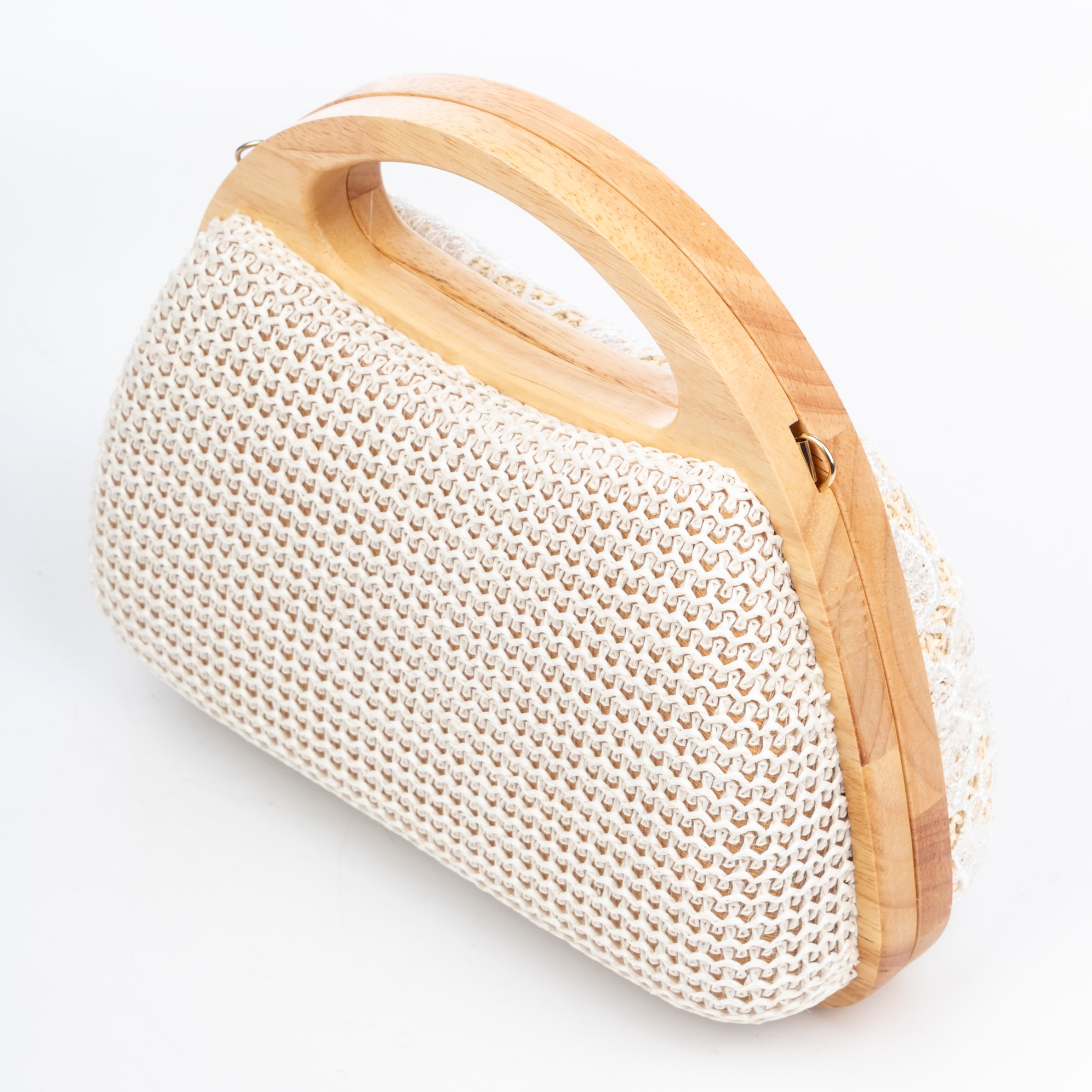 Ausa borsa a mano realizzata in legno naturale, con carta intrecciata e jute design rete di tessuto floreale