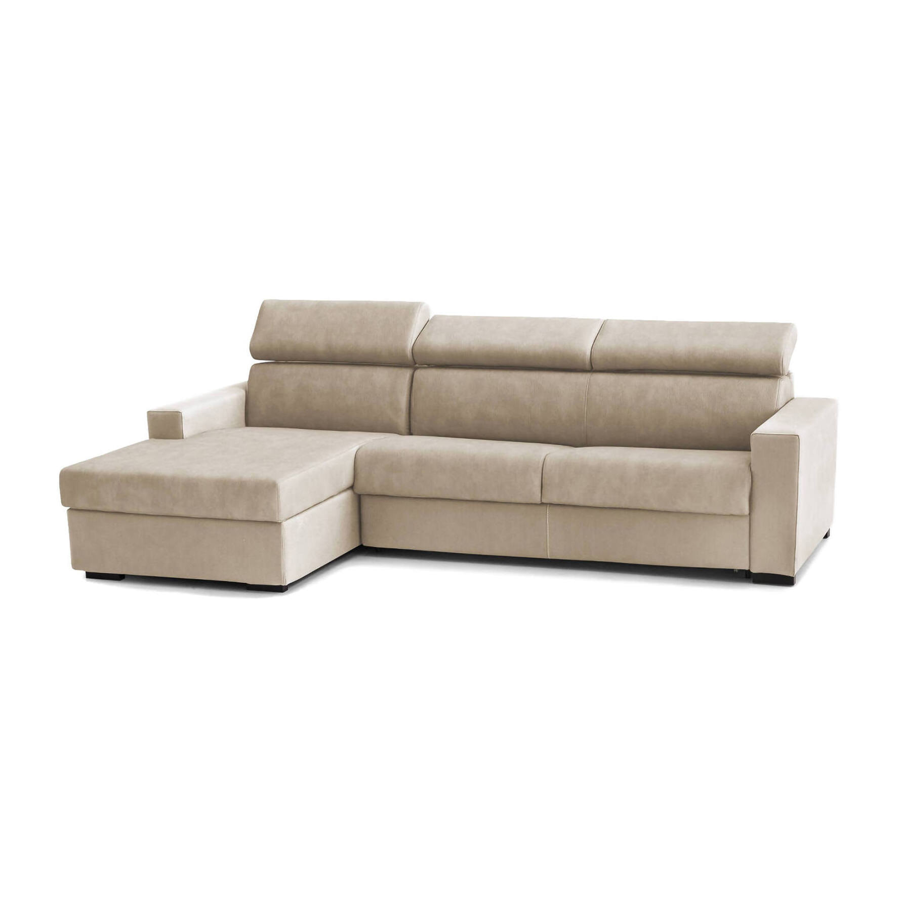 Divano fisso Eliana, Divano ad angolo, 100% Made in Italy, Sofà Soggiorno con chaise longue, in tessuto imbottito - Penisola contenitore Sinistra, con Braccioli slim, Cm 260x95h85, Beige