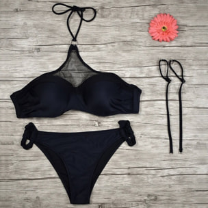 Bikini sexy negro con push up y malla con cuello elegante