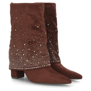 Botas con pedrería y tacón ancho para mujer