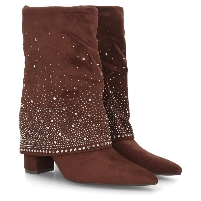Botas con pedrería y tacón ancho para mujer