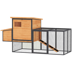 Poulailler bois surélevé avec enclos acier - 2 pondoirs, 3 portes, toits ouvrants - 192x81x104cm