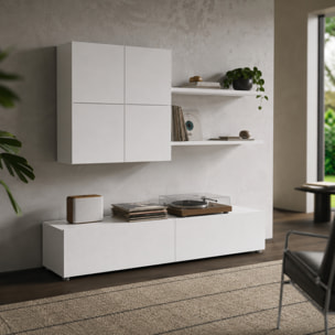 Parete Attrezzata Mobile Soggiorno Moderno Con Base TV 2 Ante Pensile 4 Ante e 2 Mensole Design Contemporaneo in Melaminico 200 x 194 x 40 cm Bianco