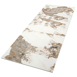 Mesa comedor extensible rectangular con tapa de mármol porcelánico blanco con vetas en tonos tierra en acabado brillo 180x90x76cm