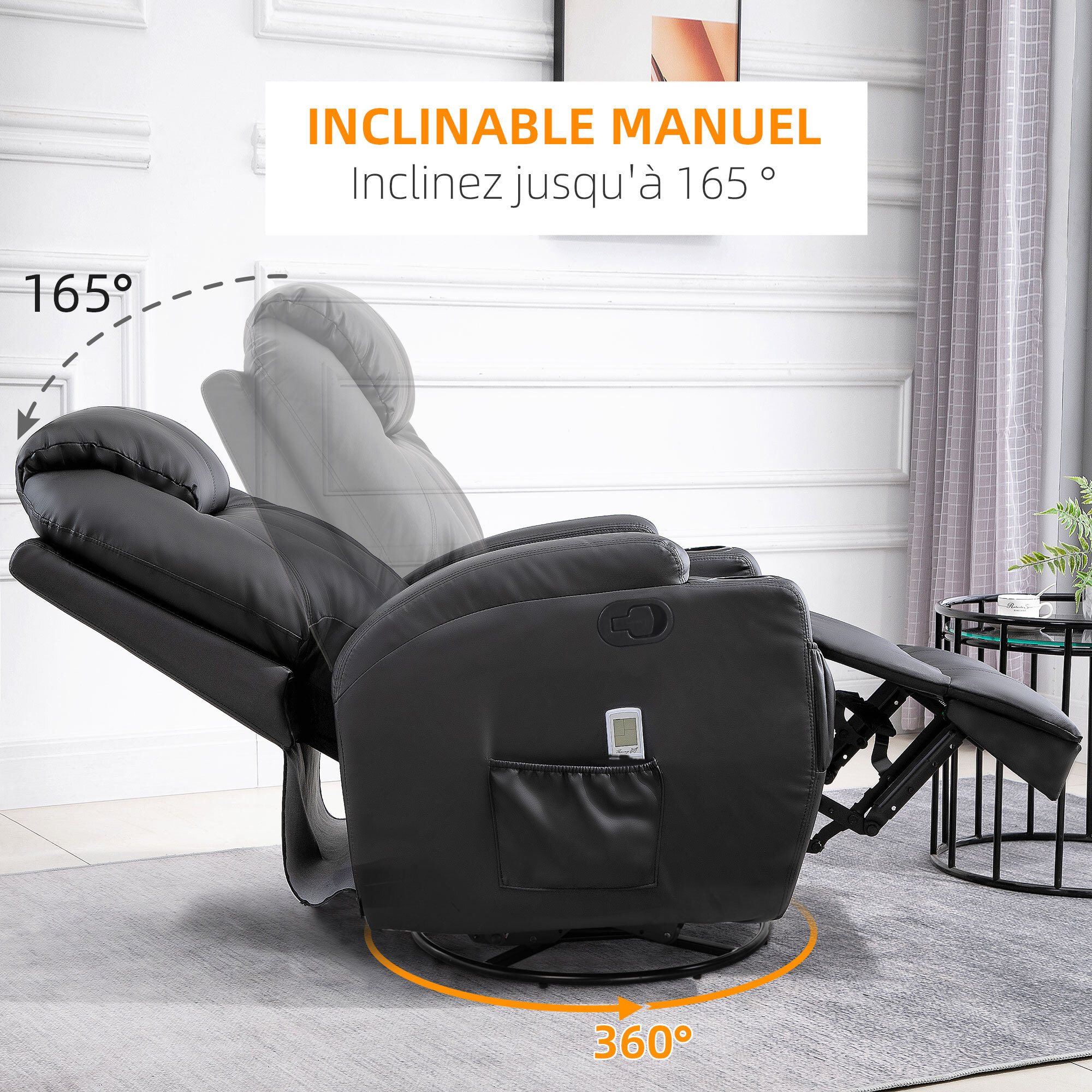 Fauteuil luxe de relaxation et massage inclinaison dossier repose-pied réglable revêtement synthétique noir