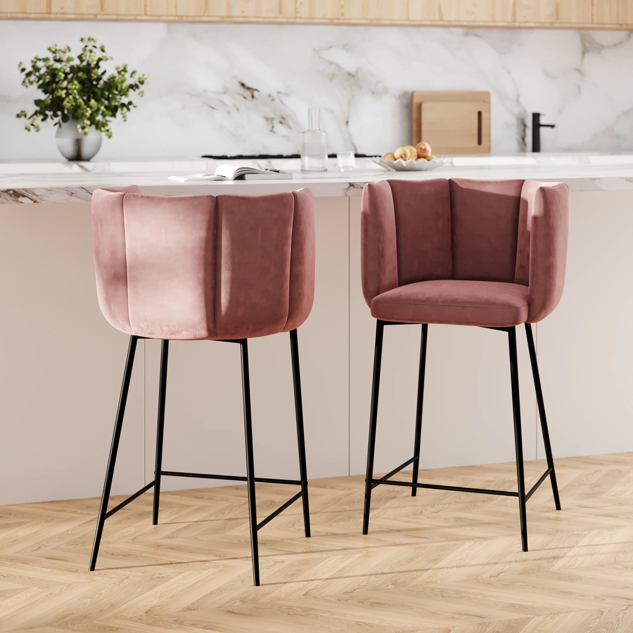 Lot de 2 chaises pour îlot central 67 cm en velours vieux rose - Rosy