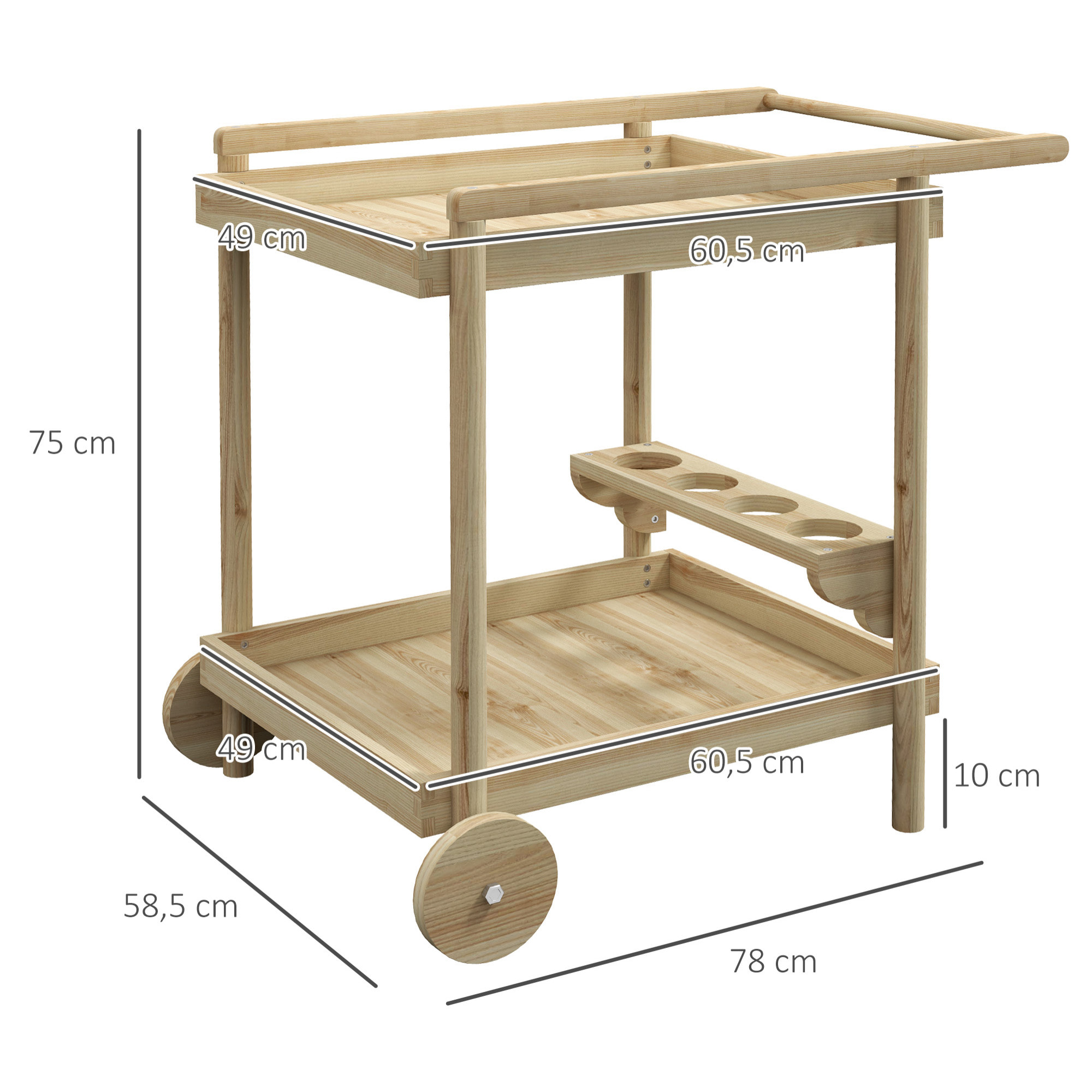 Desserte de jardin chariot pour plancha barbecue en bois avec poignée 2 plateaux et porte-bouteilles