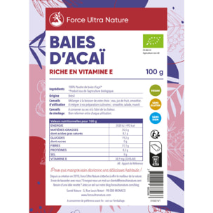 FORCE ULTRA NATURE - Baies d'açaï en poudre - 100% BIO - Riches en antioxydants et fibres - Idéales pour le petit-déjeuner ou boissons - Doypack 100g