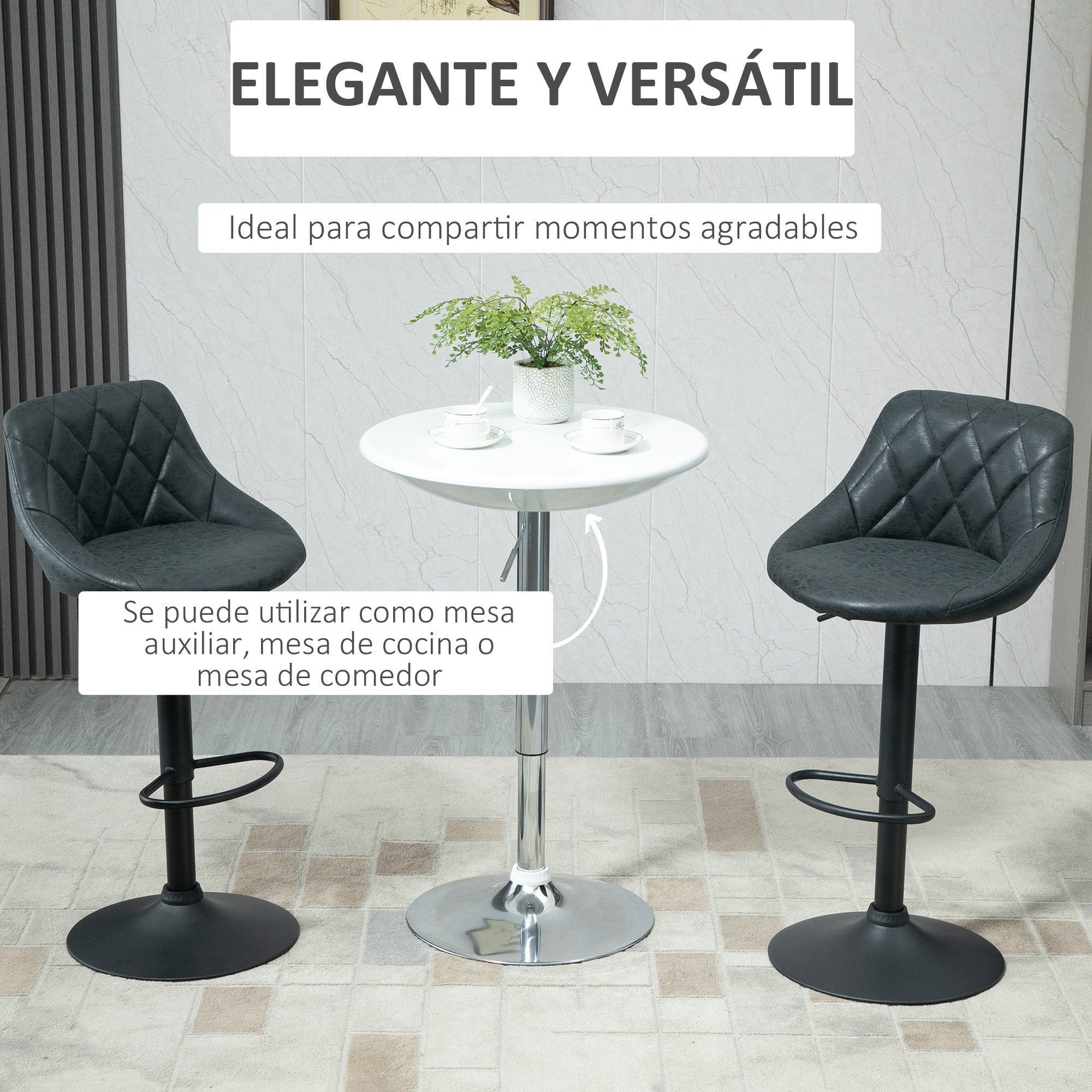 HOMCOM Mesa de Bar Regulable en Altura Giratoria 360Âº con Base Redonda Mesa Alta de Acero Moderna para Cocina Comedor Cafetería 61x61x76-97 cm Blanco