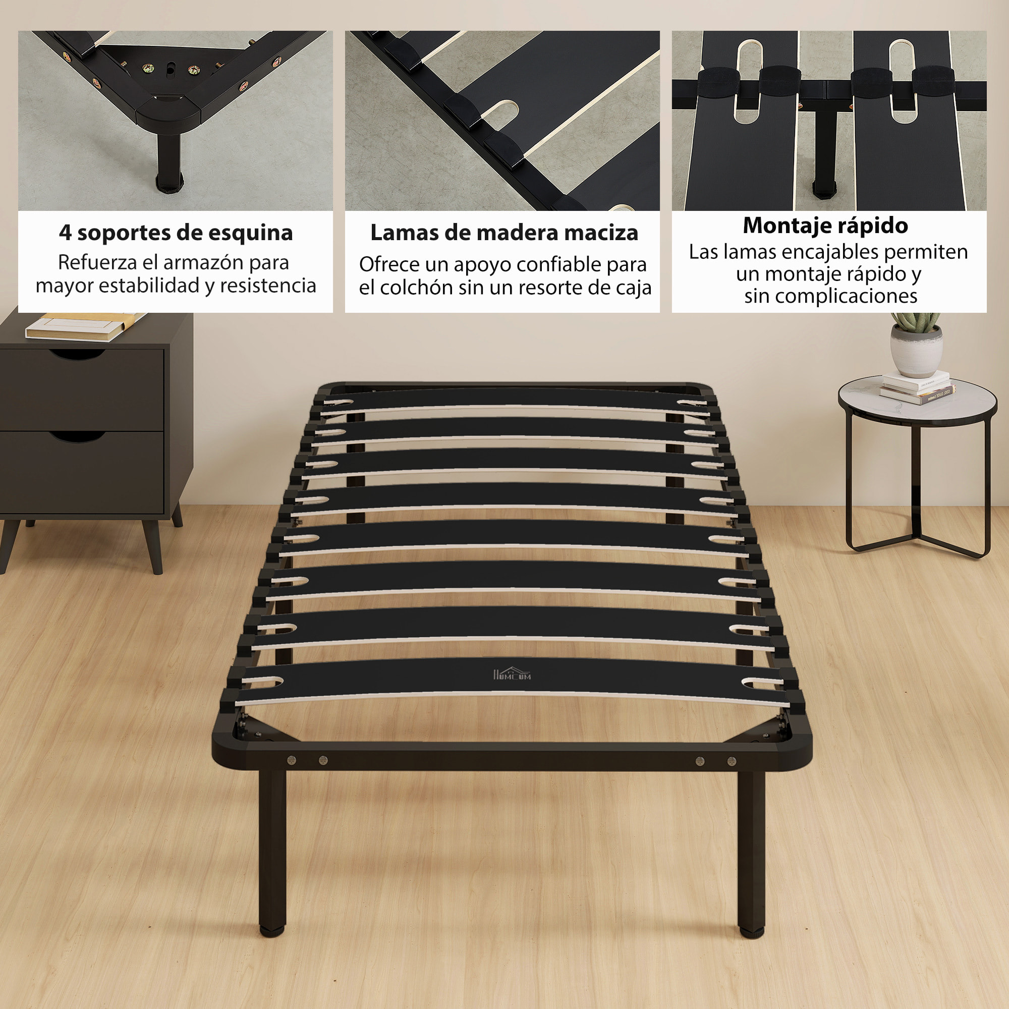 Somier 90x190 cm, Altura 26 cm, Estructura de Cama de Plataforma de Acero con Espacio de Almacenamiento Debajo y Láminas de Álamo, Fácil de Montar, Carga 300 kg, Negro