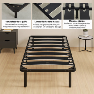 Somier 90x190 cm, Altura 26 cm, Estructura de Cama de Plataforma de Acero con Espacio de Almacenamiento Debajo y Láminas de Álamo, Fácil de Montar, Carga 300 kg, Negro