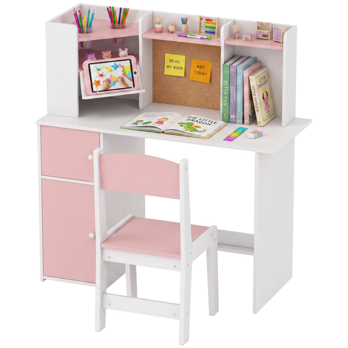 AIYAPLAY Escritorio Infantil con Silla, Pupitre Infantil con Soporte Ajustable para Tablet, Portalápices, Tablero de Corcho, Estantes, Armarios, para Niños de 5-12 Años, para Dormitorio, Estudio, Rosa