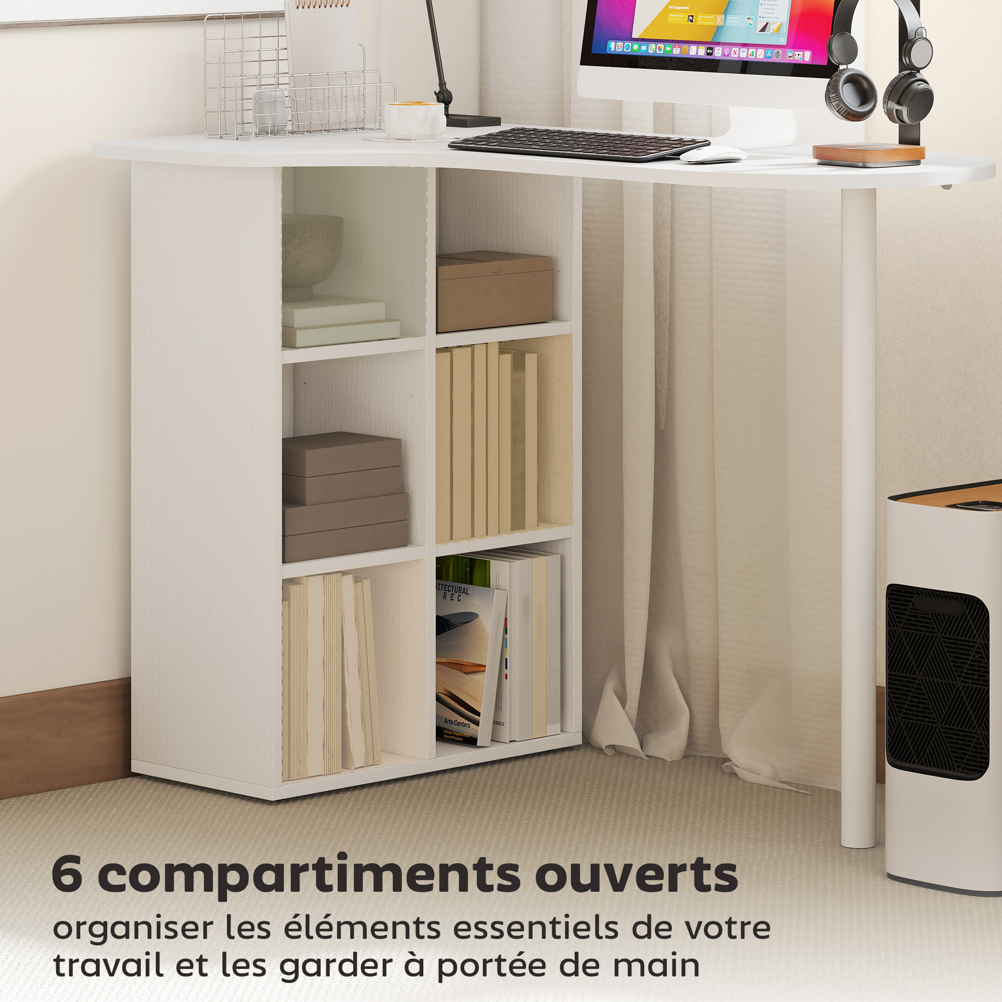Bureau design - bureau forme organique compacte dim. 100 x 59 cm - 6 niches - acier MDF blanc