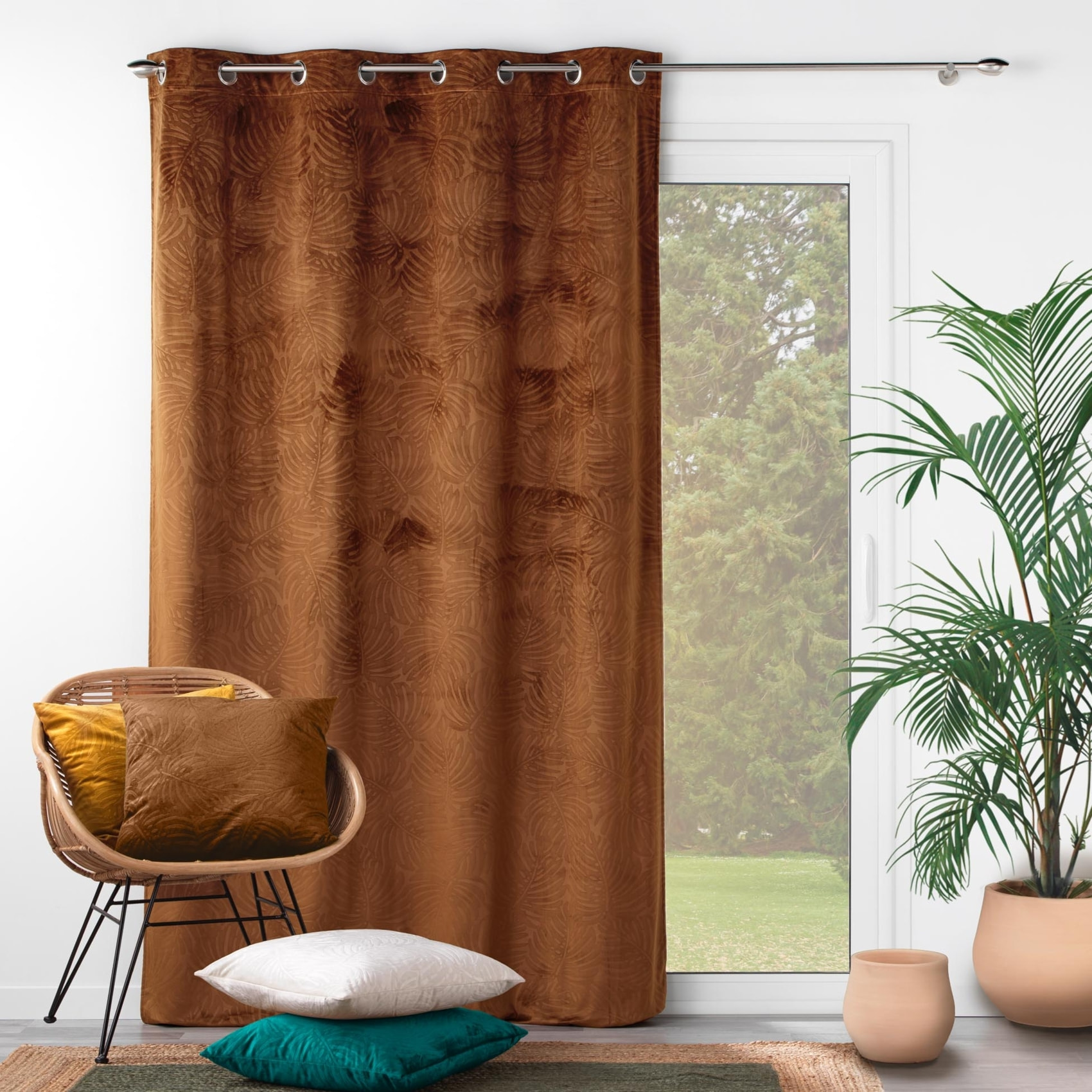 Rideau occultant en velours feuilles de monstera - Marron Clair