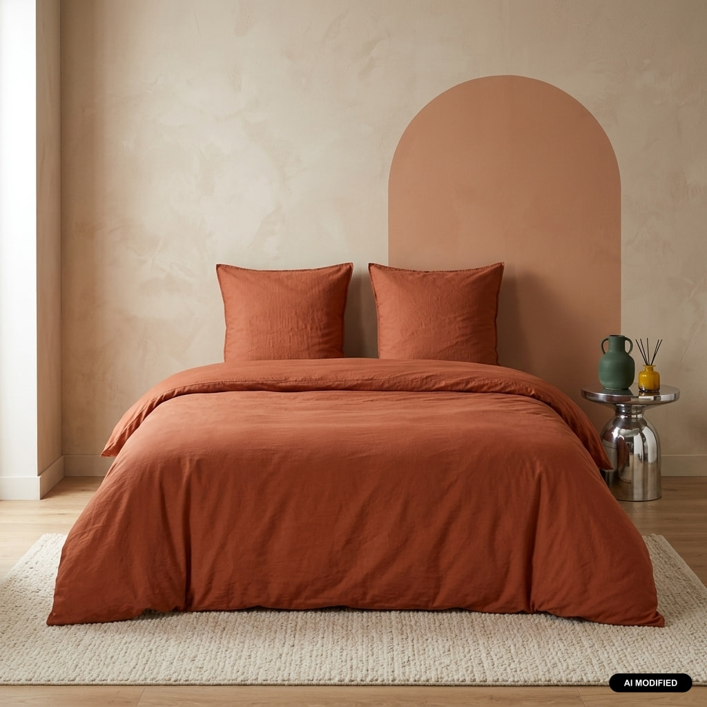 Parure de lit microfibre lavée 2 places terracotta LUNA