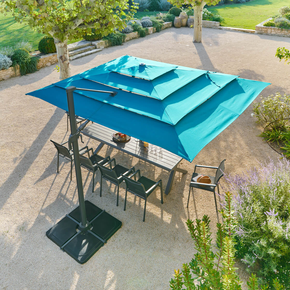 Parasol déporté rectangulaire multi-toile "Melhia" Bleu canard 4 x 3m en aluminium acier et oléfine