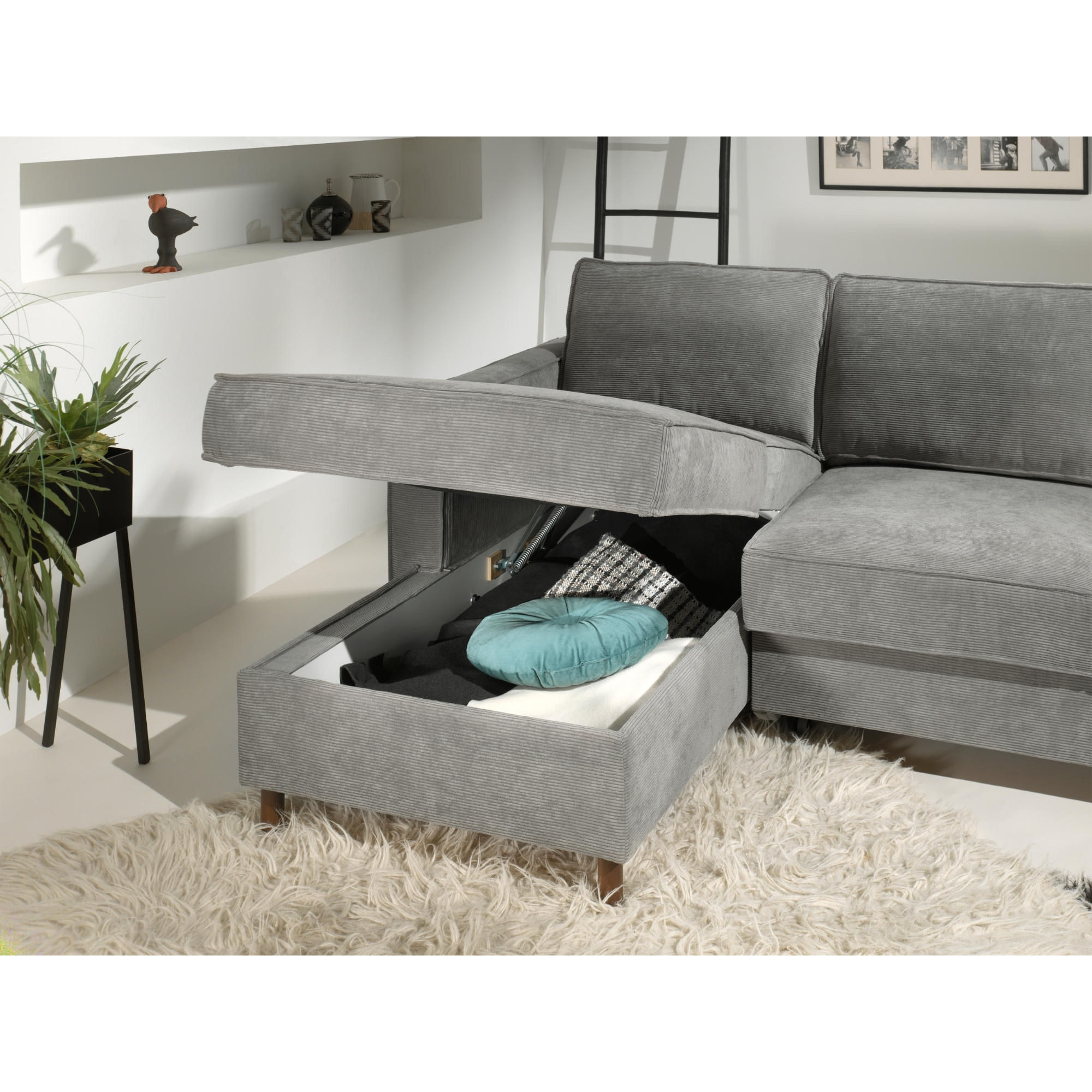 Jake - canapé d'angle gauche - convertible avec coffre - 4 places - en velours côtelé - Gris clair