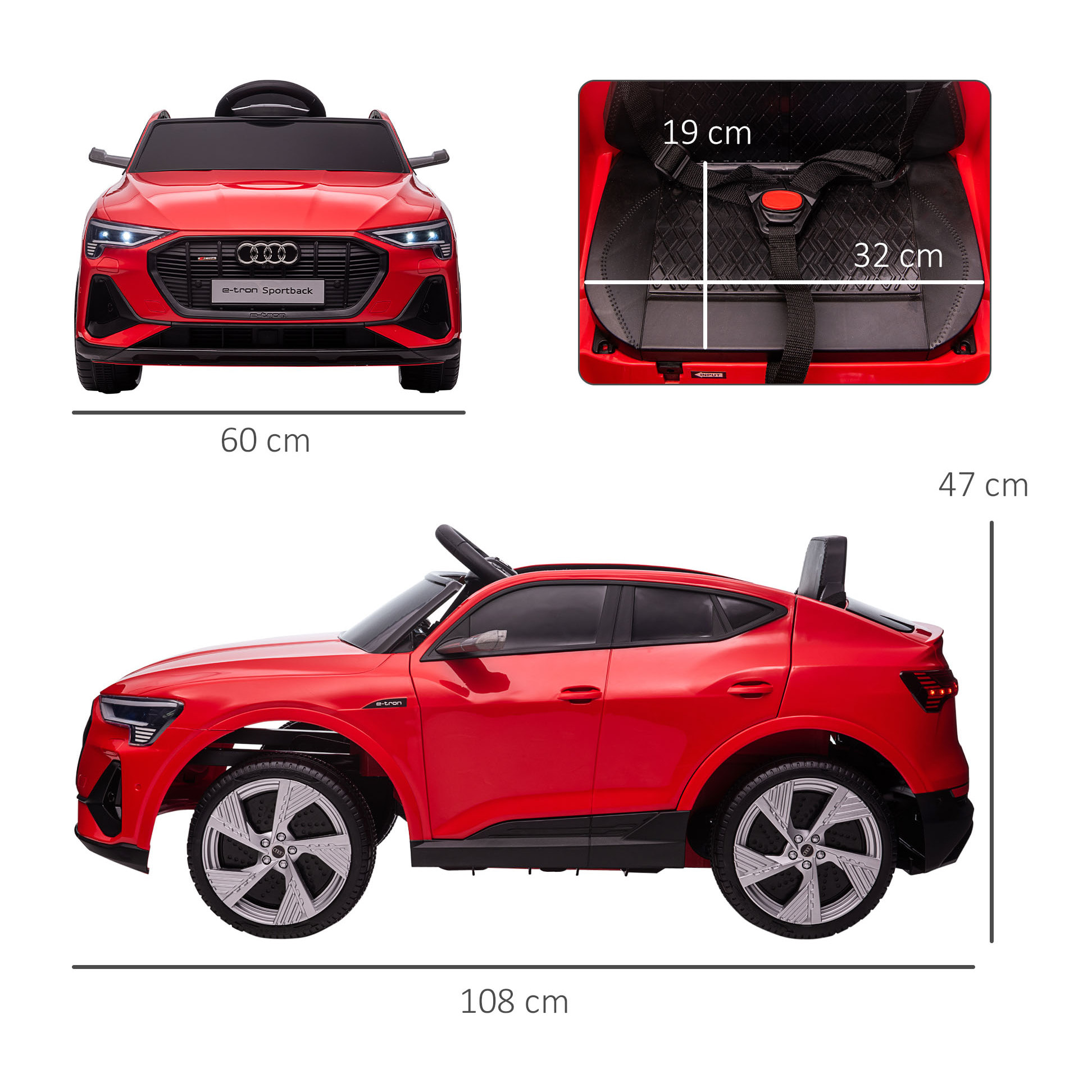 Coche Eléctrico para Niños de +3 Años Audi E-tron, Coche de Batería 12V con Mando a Distancia, Faros LED, Bocina, Música, USB, Apertura de Puerta y Velocidad 3-5 km/h, Rojo