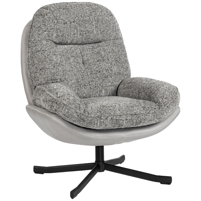 Sillón Giratorio Moderno, Butaca de Salón con Base Cruz, Tapizado en Chenilla y Cuero PU, Asiento Ancho Doble, Patas de Acero y Reposabrazos, Sillón Relax para Sala de Estar, Dormitorio, Gris
