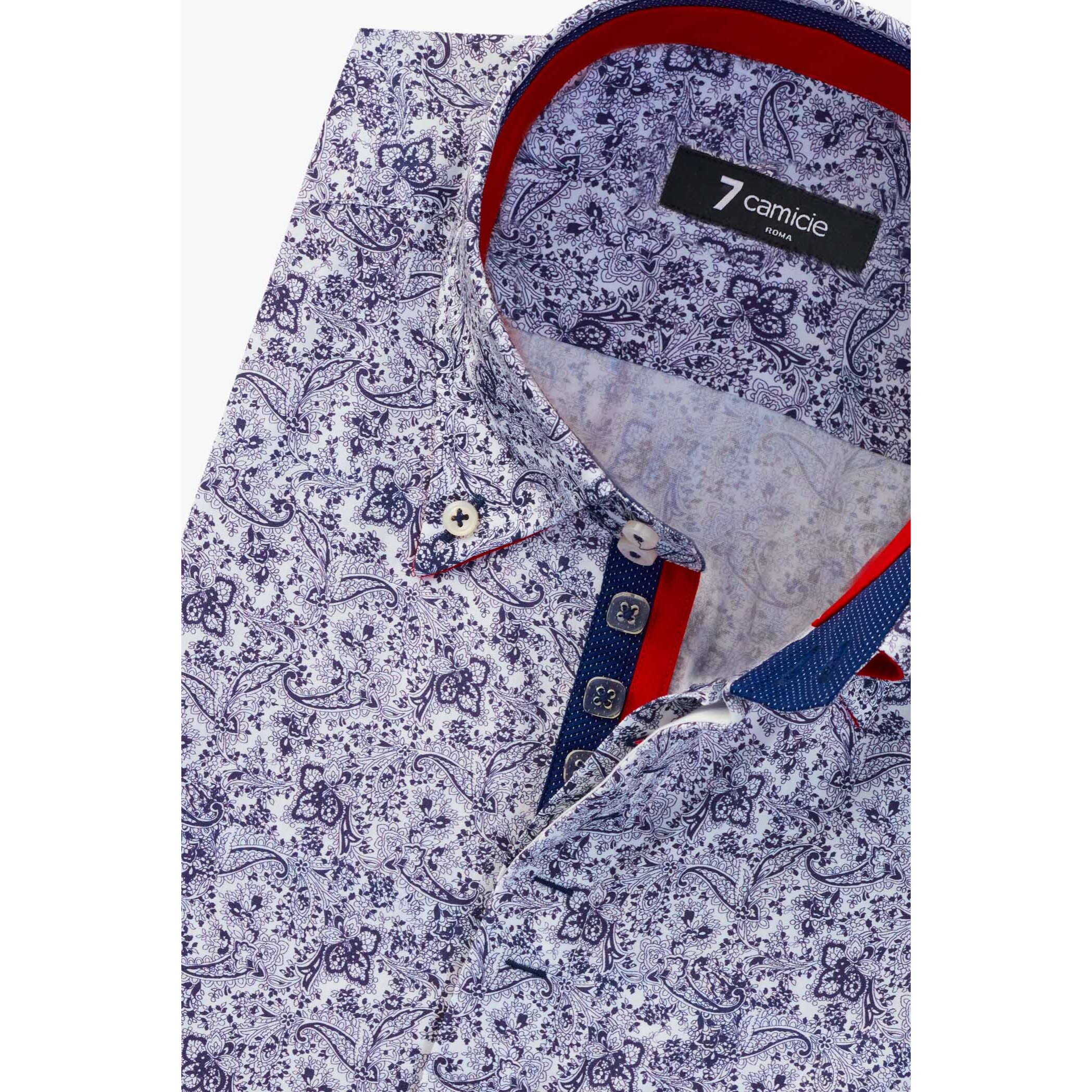 Camicia Uomo 2 Bottoni Button Down Slim Popeline Stampato Bianco e Blu