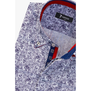 Camicia Uomo 2 Bottoni Button Down Slim Popeline Stampato Bianco e Blu