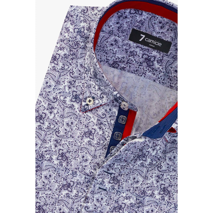 Camicia Uomo 2 Bottoni Button Down Slim Popeline Stampato Bianco e Blu