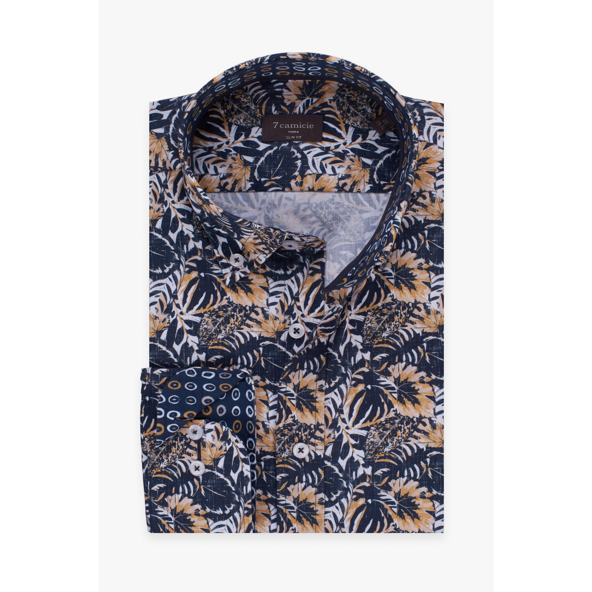 camicia uomo 1 bottone button down slim Popeline Stampato Blu e Arancio Chiaro