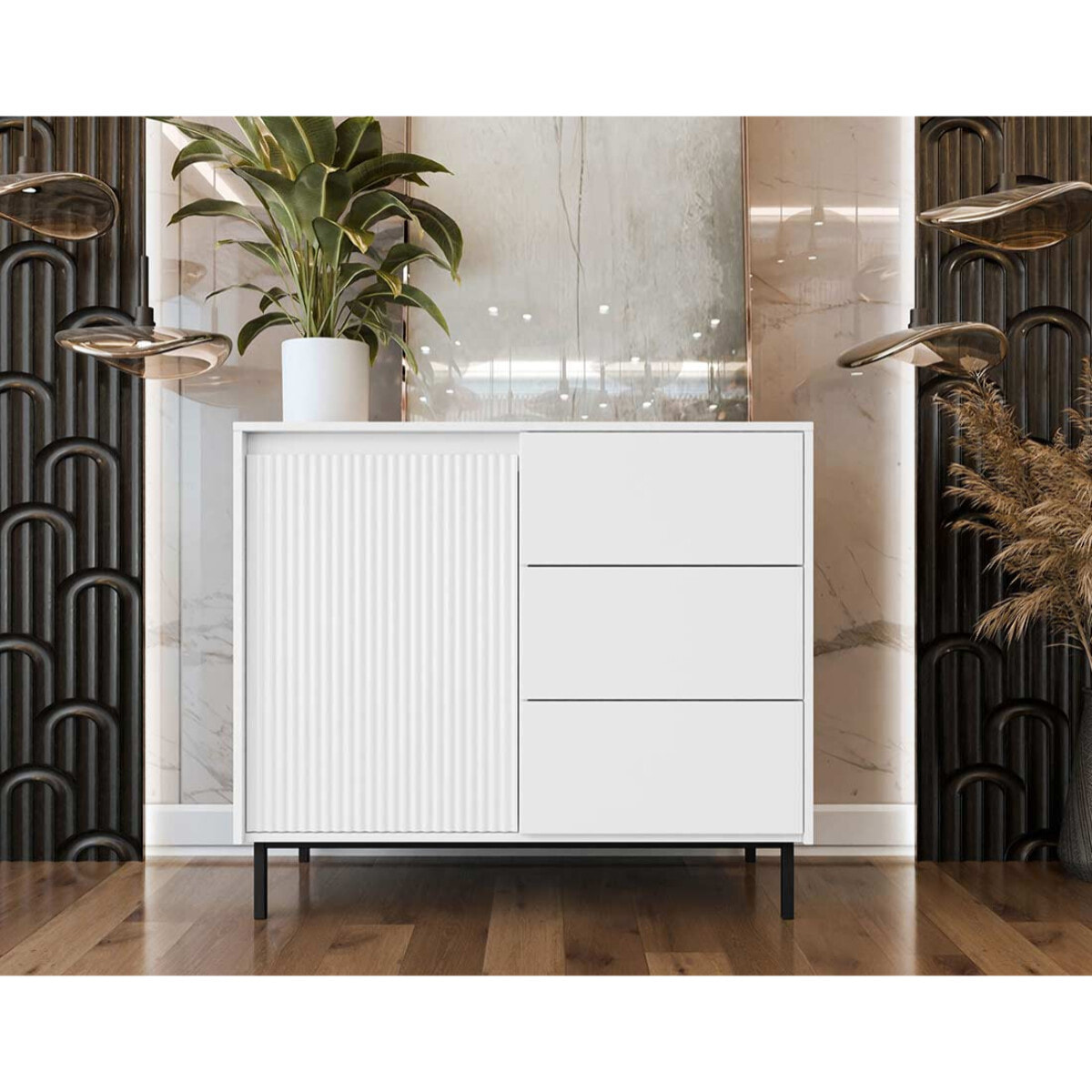 Girona - buffet bas - blanc - 3 tiroirs et 1 porte - 103 cm - Blanc