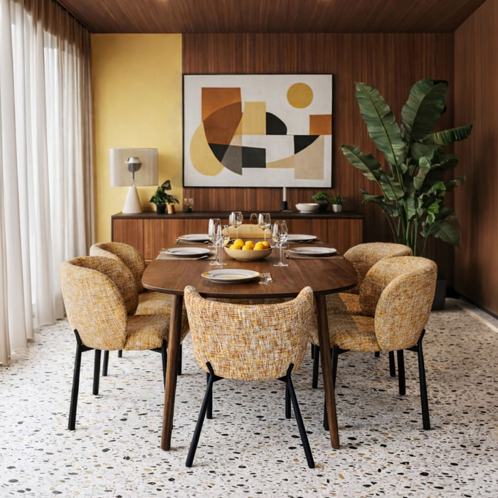 Ensemble table 200cm effet noyer et 6 fauteuils en tissu ocre SUZAN