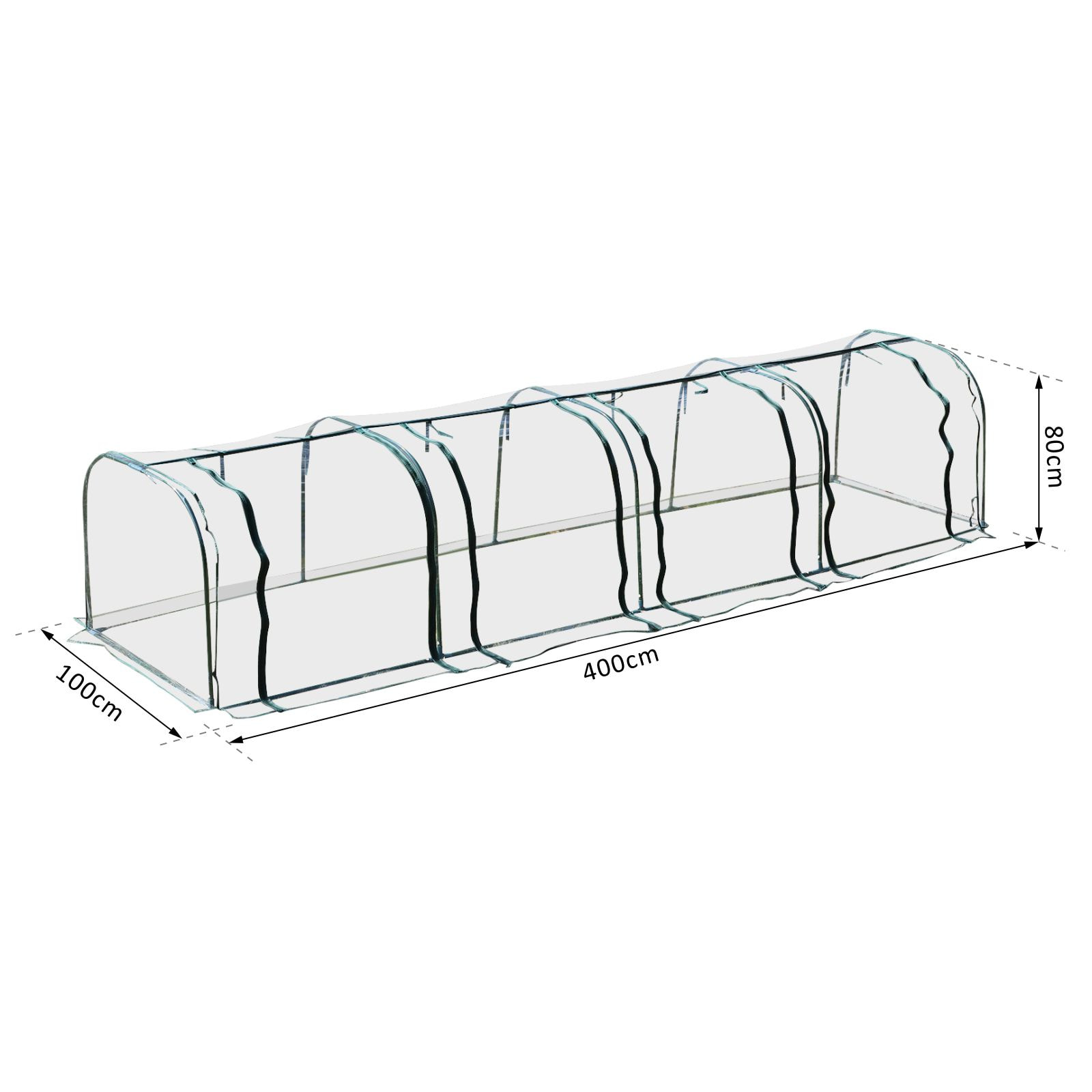 Serre de jardin tunnel 3,95L x 1l x 0,8H m 4 portes zippées bâche PVC transparent acier thermolaqué vert