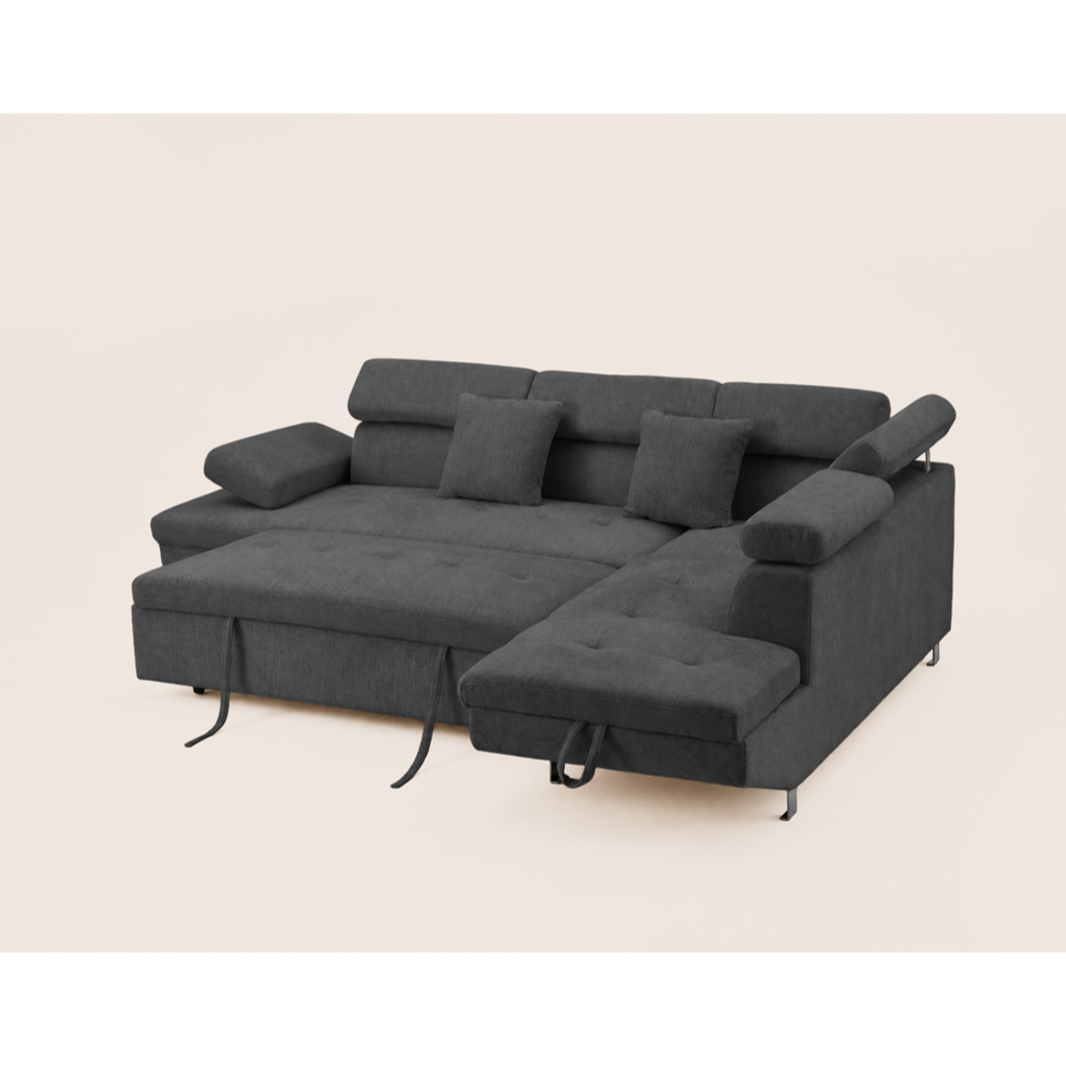 Margaux - Canapé d'angle droit 5 places convertible avec coffre et têtières réglables en velours texturé - Gris