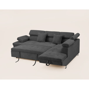 Margaux - Canapé d'angle droit 5 places convertible avec coffre et têtières réglables en velours texturé - Gris