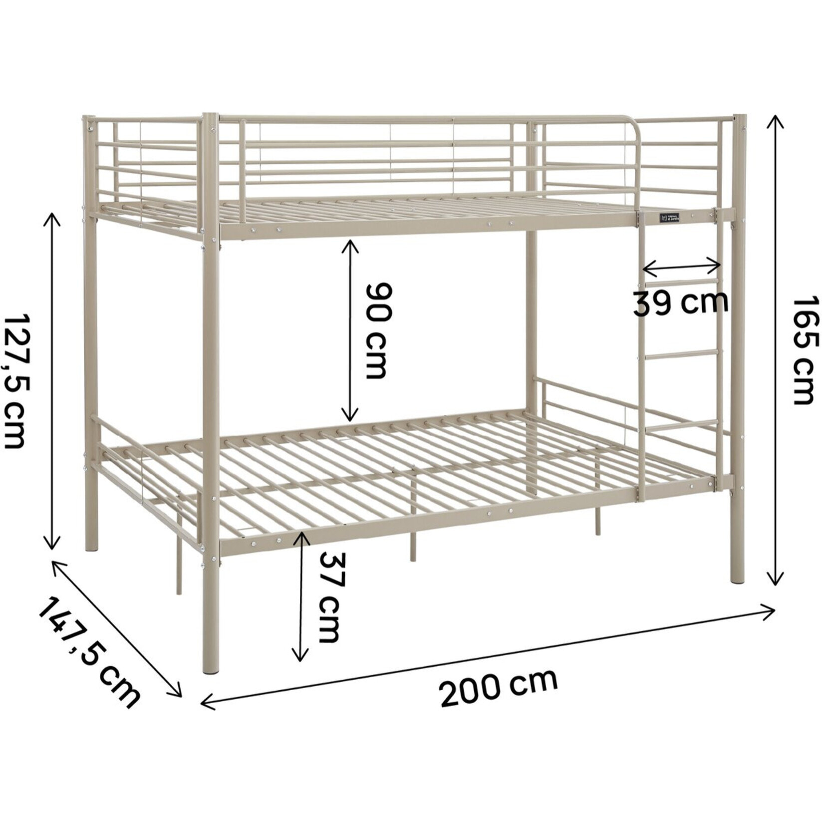 Lit double superposé avec sommier inclus "Adam" - 140 x 190 cm - Taupe