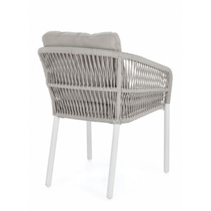 Set di 4 poltroncine GALDANA in alluminio bianco con intreccio in corda grigio, con braccioli