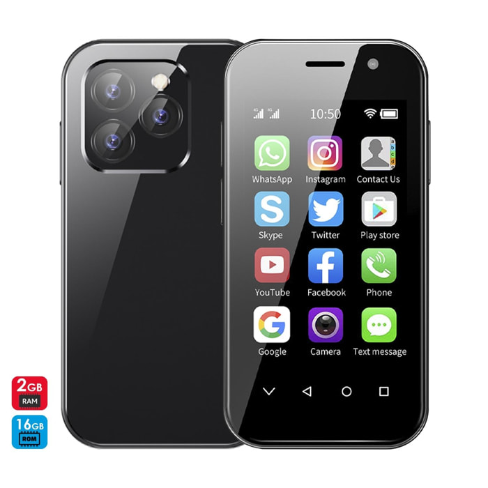 DAM Smartphone Mini 14 PRO 4G, Android 9.0, 2GB RAM + 16GB. Schermo da 3''. Doppia scheda SIM. 4,7x1,2x9,4 cm. Colore nero