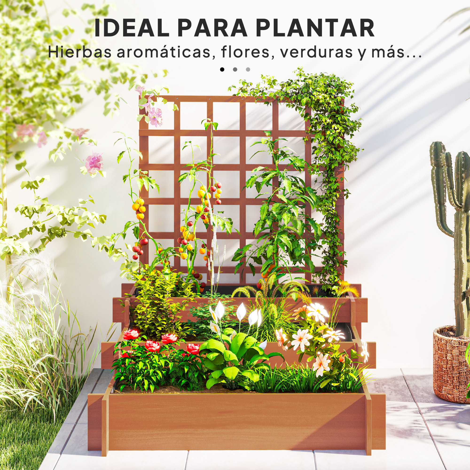 Jardinera con Enrejado de 3 Niveles, Jardinera Exterior Grande de Madera para Plantas Trepadoras, con Tela no Tejida, Macetero Elevado para Jardín, Patio, Terraza, 95x95x110 cm, Marrón