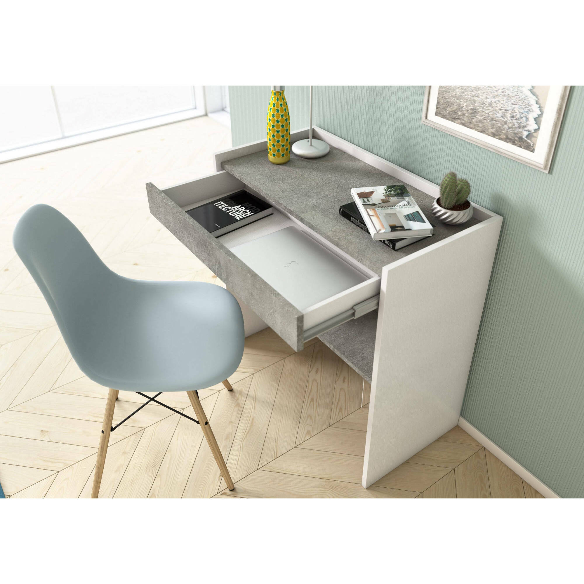 Scrivania Clematide, Scrittoio moderno con cassetto, Tavolo da studio o ufficio porta PC portalibri, 100% Made in Italy, Cm 80x40h79, Bianco e Cemento