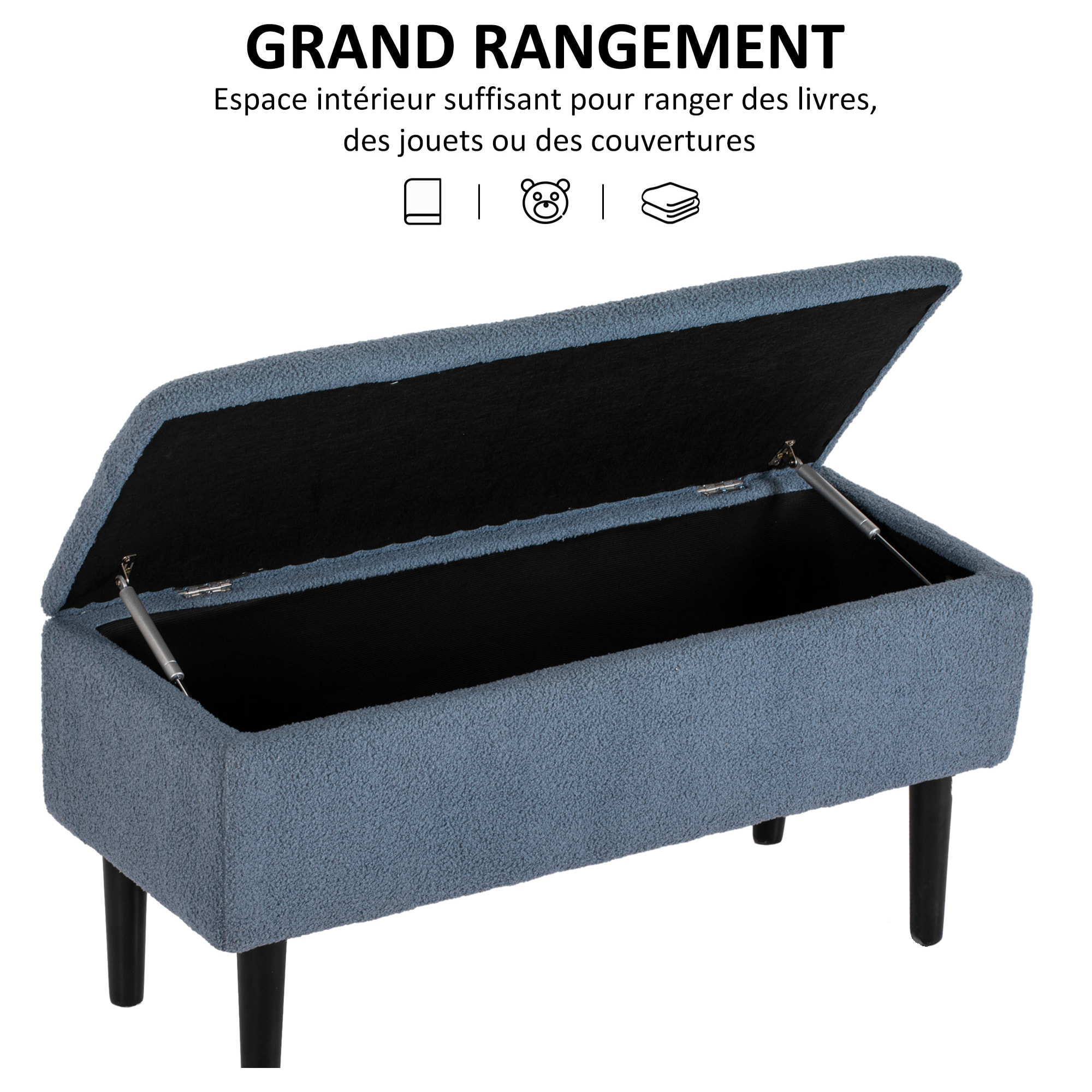 Banc coffre de rangement 2 en 1 piètement bois noir tissu bouclette bleu