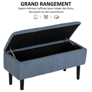 Banc coffre de rangement 2 en 1 piètement bois noir tissu bouclette bleu