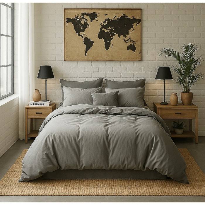 Housse De Couette 100% Percale De Coton Lavé Gris Perle