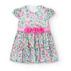 Vestido gasa niña, estampado floral, mangas cortas, azul