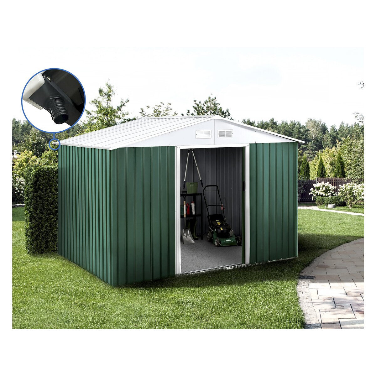 Abri de jardin métal - "Rosas " - 7,06 m² avec gouttière - Vert