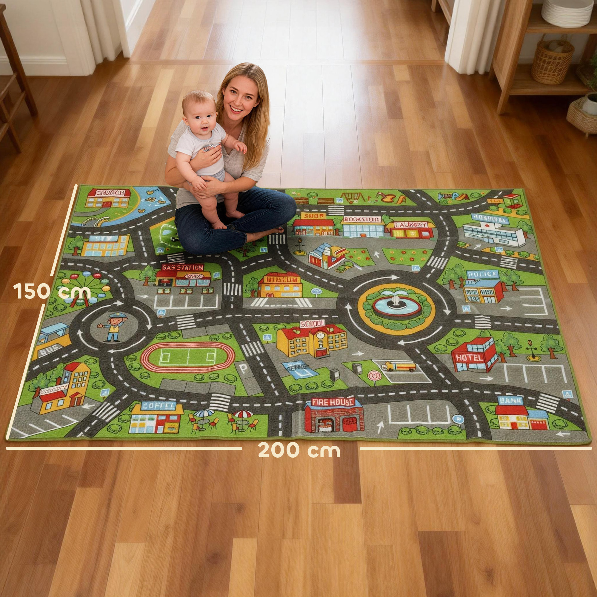 Alfombra Infantil, Carretera de Ciudad, 200x150 cm, Alfombra Educativa Antideslizante para Gateo y Jugar con Coches, para Salón y Dormitorio, Textura Suave