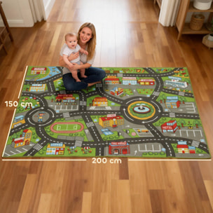 Alfombra Infantil, Carretera de Ciudad, 200x150 cm, Alfombra Educativa Antideslizante para Gateo y Jugar con Coches, para Salón y Dormitorio, Textura Suave